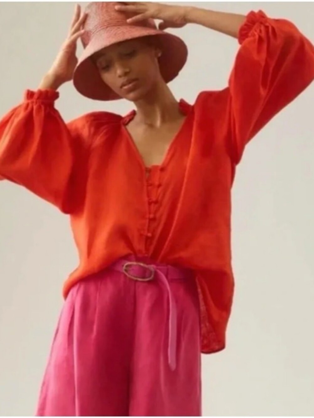 Anthropologie Maeve 100% Linen Audie Puff Sleeve Blouse Red Size XS Boho Coastal - Picture 6 of 8